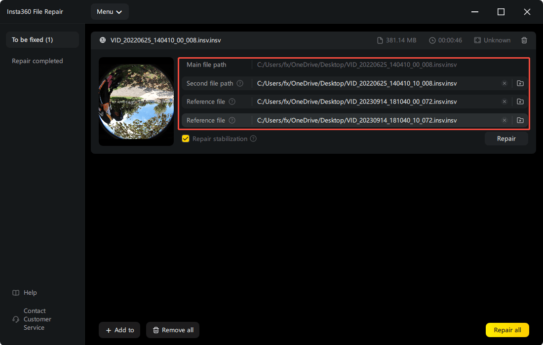 Insta360 File Repair window showing the To be fixed files, with the Main file, Second file, and Reference file selected.