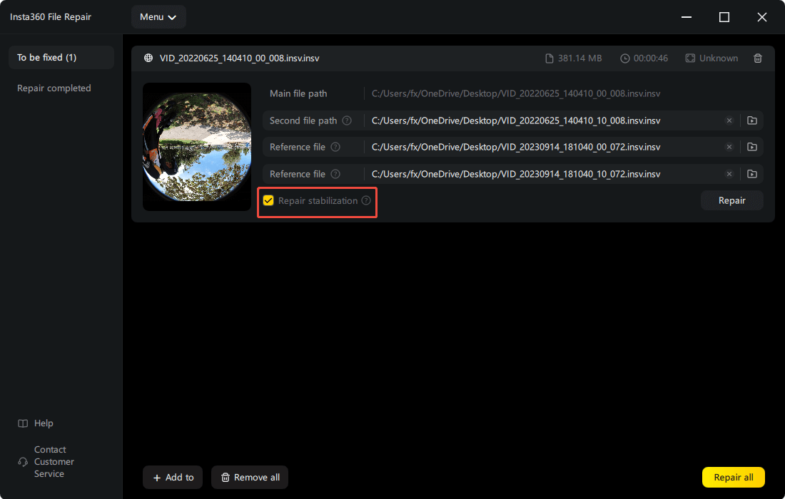 Insta360 File Repair interface displaying the To be fixed section, with the Repair stabilization option checked.