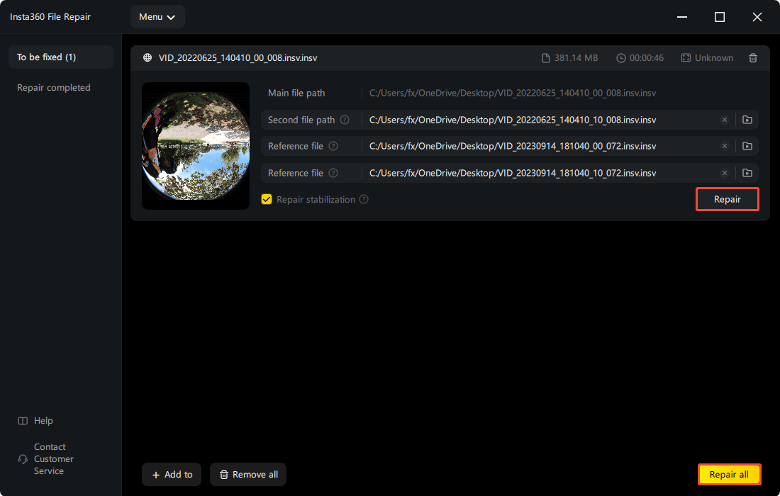 The To be fixed interface in Insta360 File Repair showing the files to be repaired, with Repair and Repair all selected.