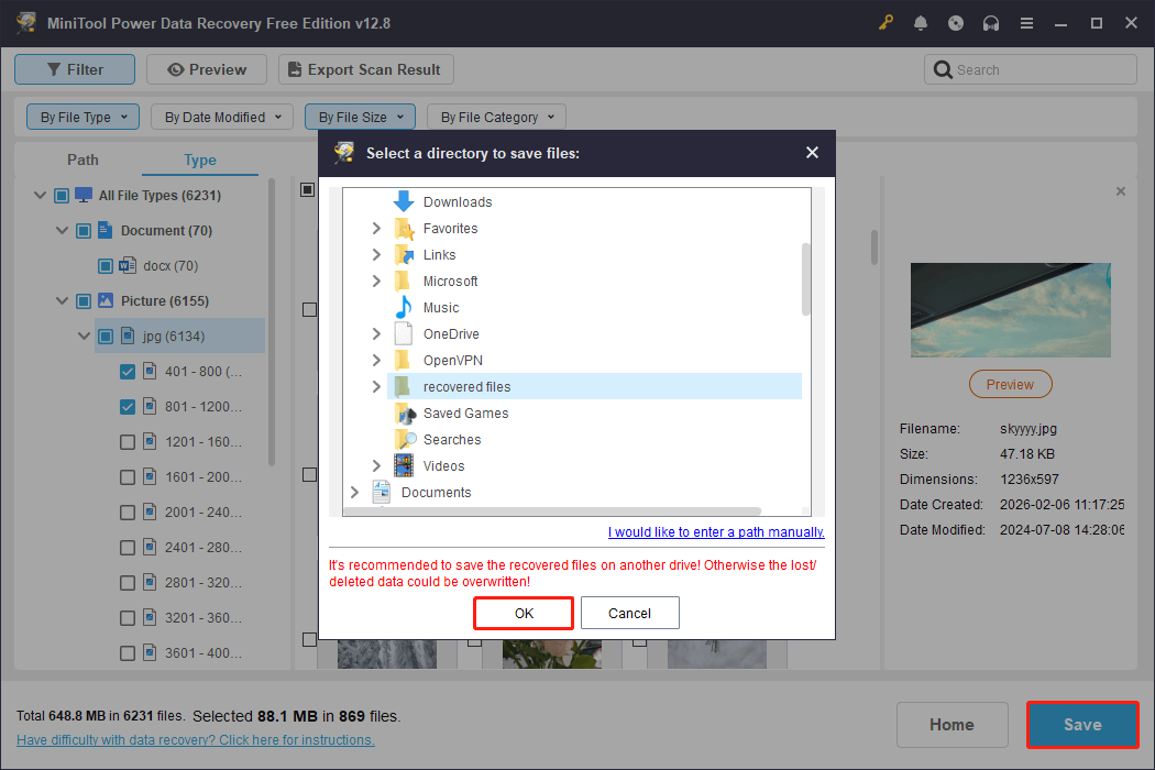 MiniTool Power Data Recovery interface with the Save button selected, showing an embedded window for save path selection.