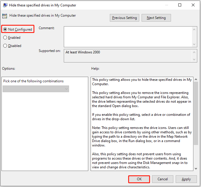 The Hide these specified drives in My Computer interface with the Not Configured option and OK button selected.