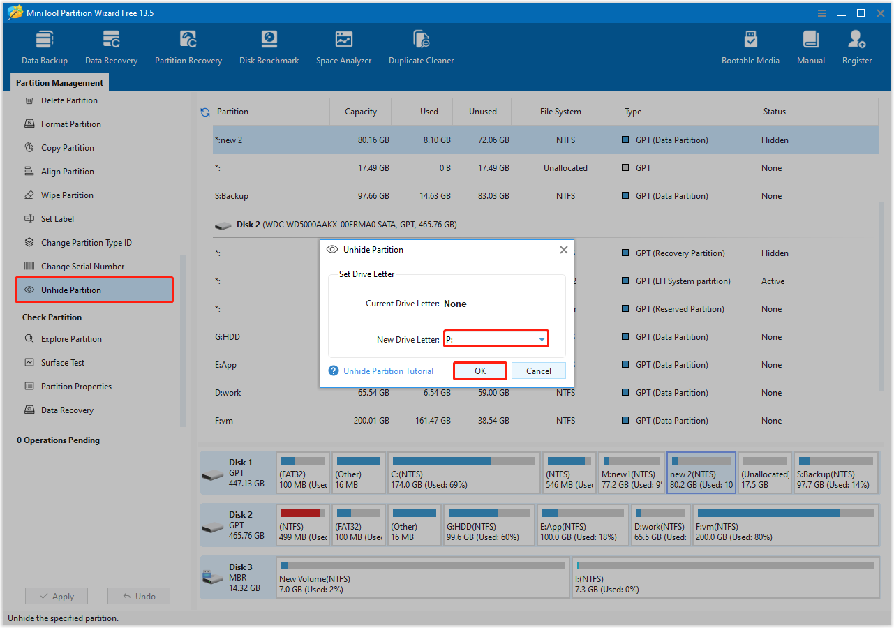 MiniTool Partition Wizard interface with Unhide Partition selected, showing an embedded window for drive letter selection.
