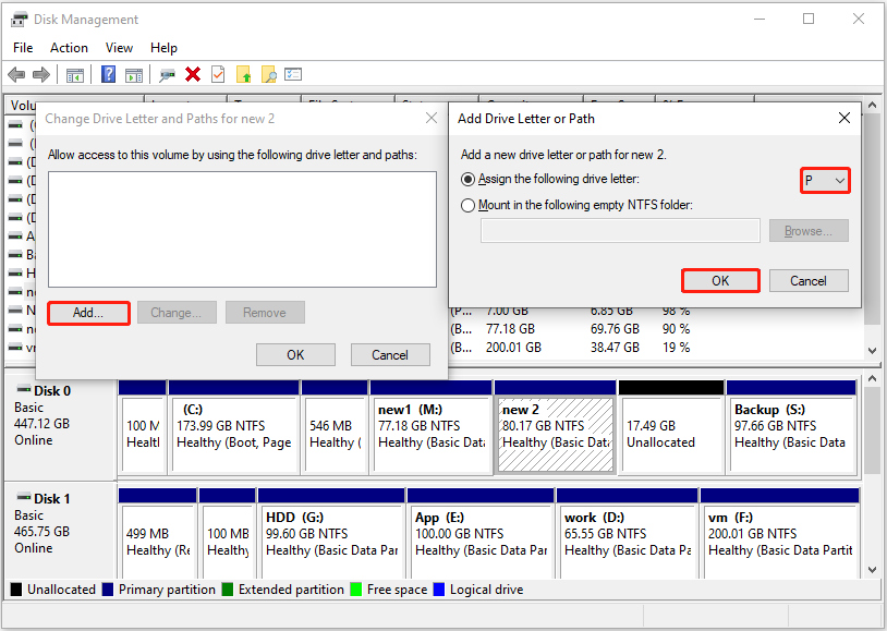Disk Management interface showing the Change Drive Letter and Paths window, with the Add button selected.