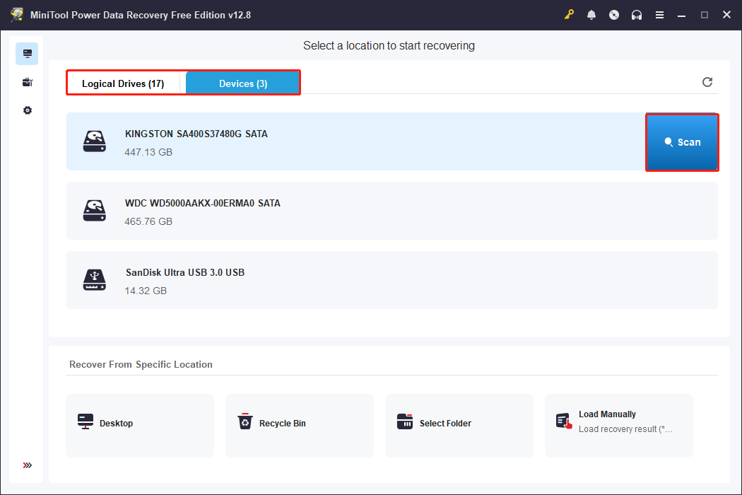 MiniTool Power Data Recovery interface with the Logical Drives, Devices, and Scan button highlighted.