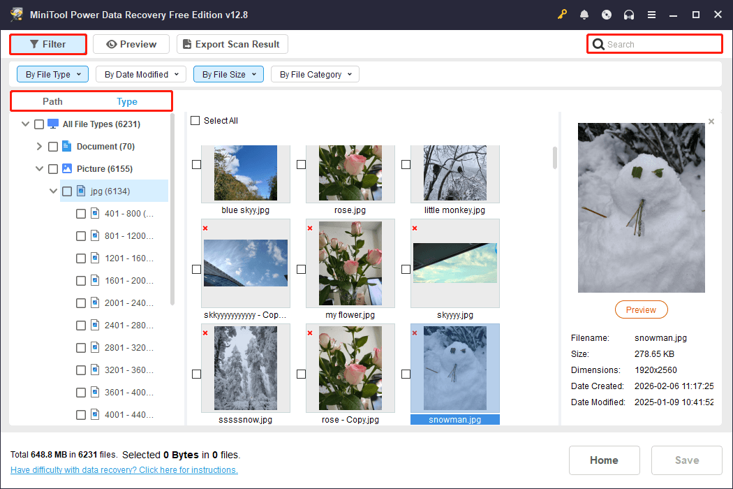 MiniTool Power Data Recovery scan results interface with the Path, Type, Filter, and Search features highlighted.