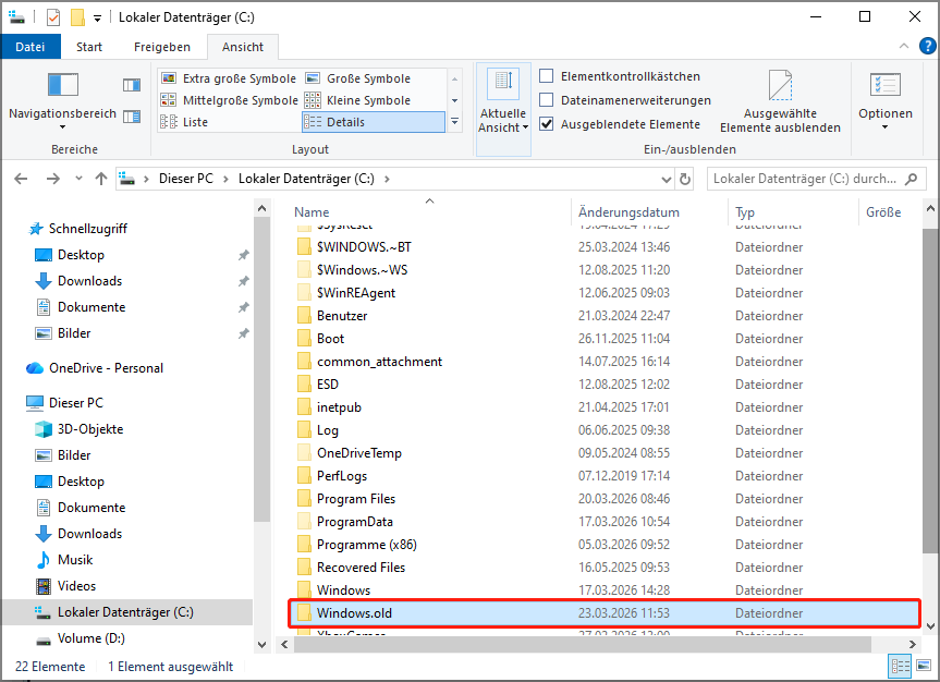 Datei-Explorer-Oberfläche mit angezeigten Ordner im Systemlaufwerk und hervorgehobenem Order Windows.old.