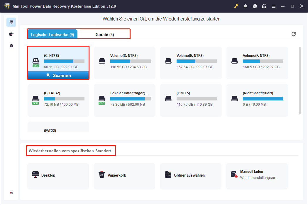 Benutzeroberfläche von MiniTool Power Data Recovery mit Scan-Modulen und ausgewählter Option Scannen.
