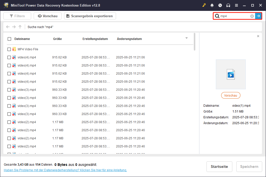 Fenster von MiniTool Power Data Recovery mit Suchergebnissen für mp4 und hervorgehobenem Suchfeld.