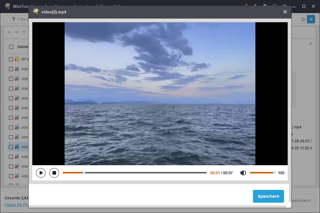 Vorschaufenster in MiniTool Power Data Recovery mit einem Video.
