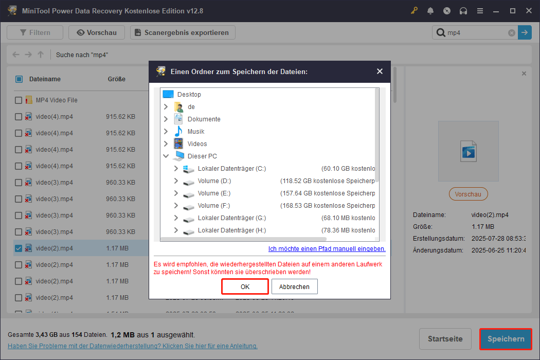 Benutzeroberfläche von MiniTool Power Data Recovery mit Fenster zur Auswahl des Speicherorts und ausgewählten Schaltflächen Speichern und OK.