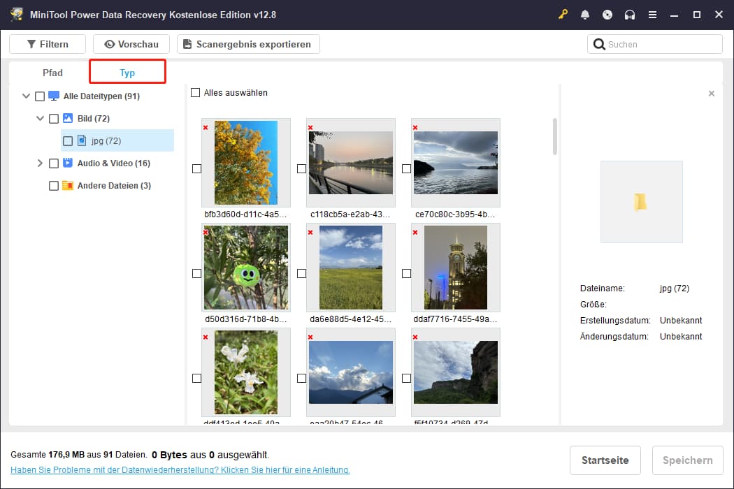 Type-Ansicht in MiniTool Power Data Recovery mit angezeigten JPG-Dateien und hervorgehobener Type-Schaltfläche.