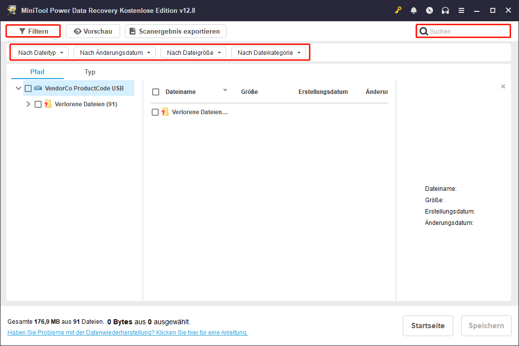 MiniTool Power Data Recovery mit Filterfunktionen, hervorgehobenen Filterkriterien, der Filter-Schaltfläche und dem Suchfeld.