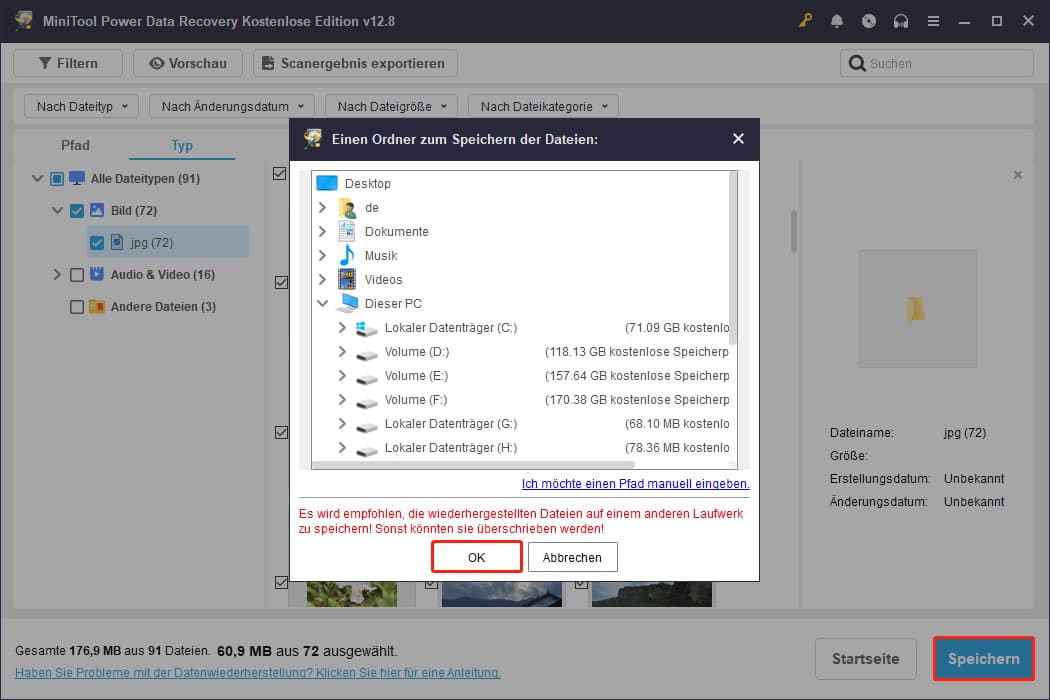 Benutzeroberfläche von MiniTool Power Data Recovery mit angezeigten Speicherorten sowie hervorgehobenen Schaltflächen Save und OK.