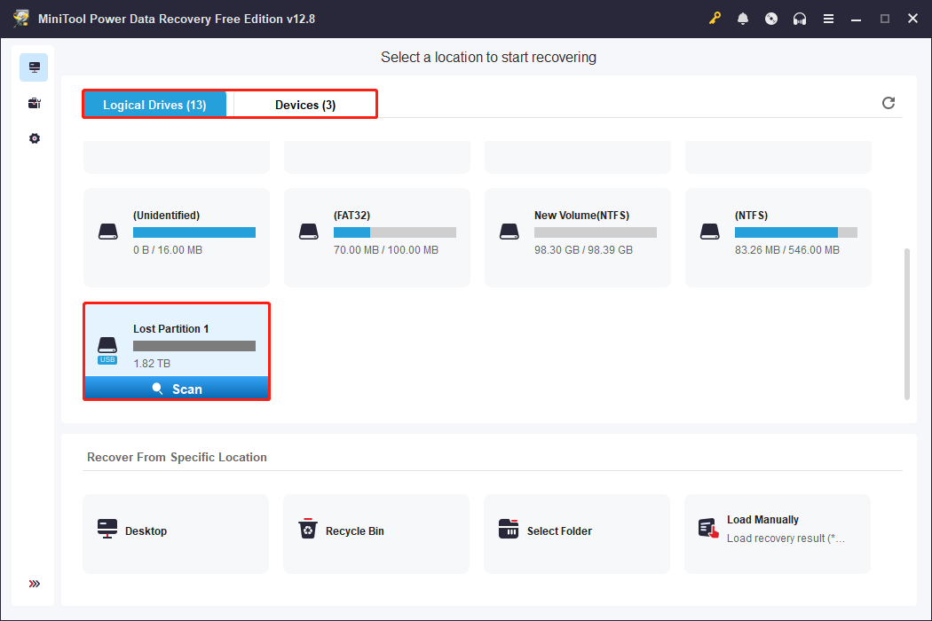MiniTool Power Data Recovery interface showing all partitions with the lost partition selected and the Scan icon highlighted.