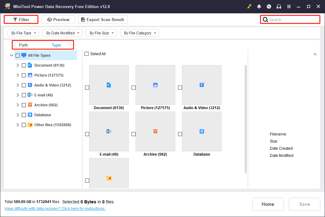 MiniTool Power Data Recovery scan results page with Path, Type, Filter, and Search selected to locate the files.