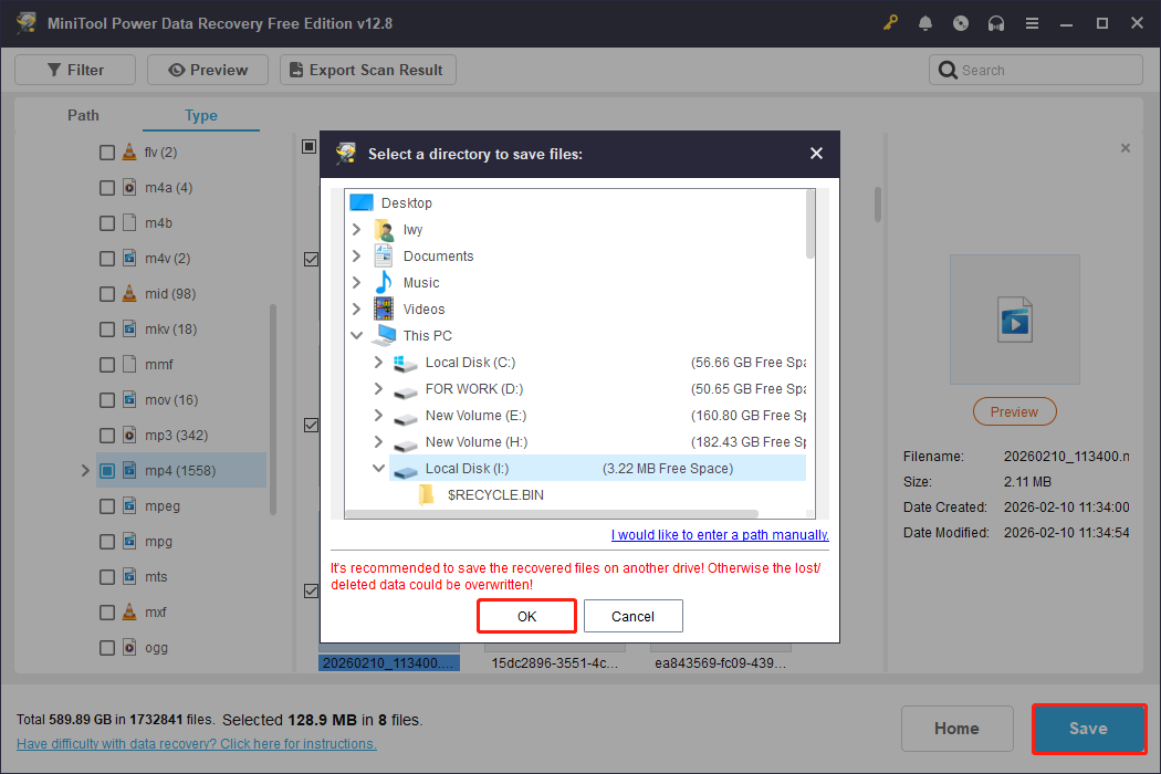 MiniTool Power Data Recovery interface showing the Save button and a file path selection window.