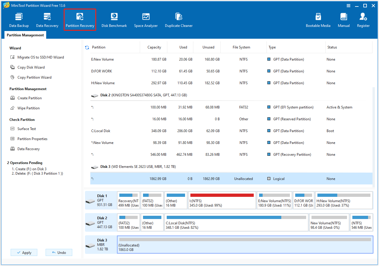 MiniTool Partition Wizard interface with the target disk and the Partition Recovery module selected.