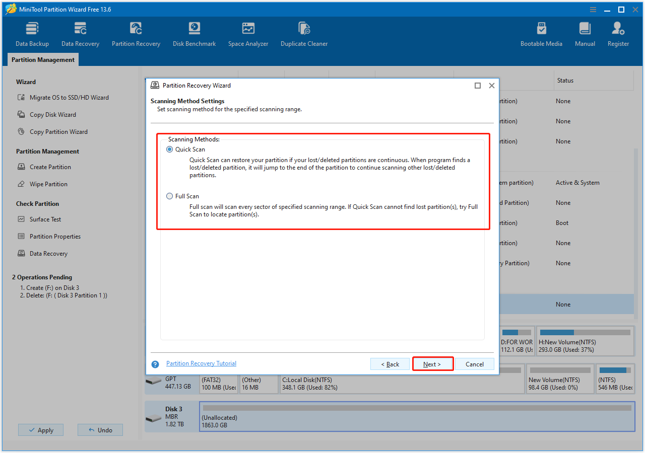 MiniTool Partition Wizard interface with a wizard window embedded showing the quick scan and full scan methods.