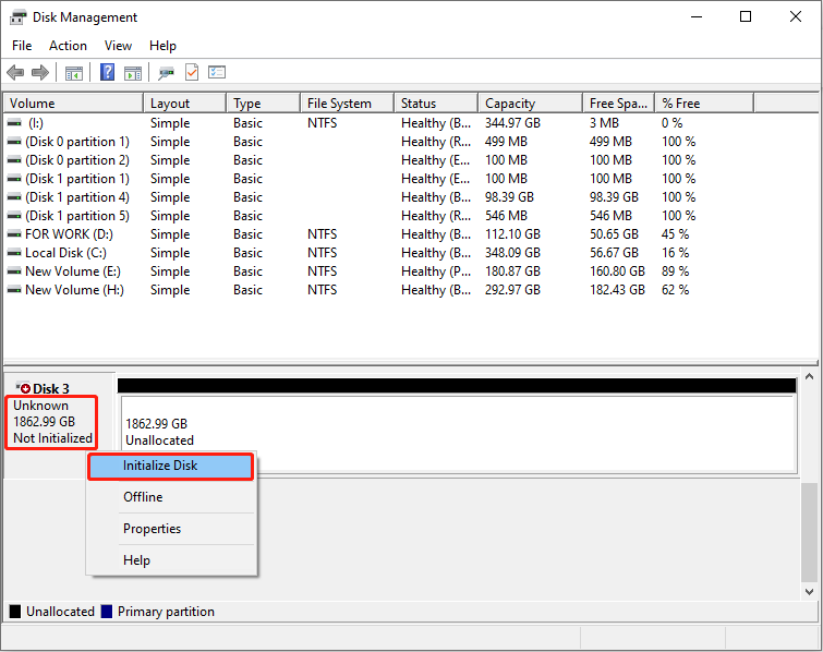 Disk Management interface showing an unknown and not initialized disk, with the Initialize Disk option selected.