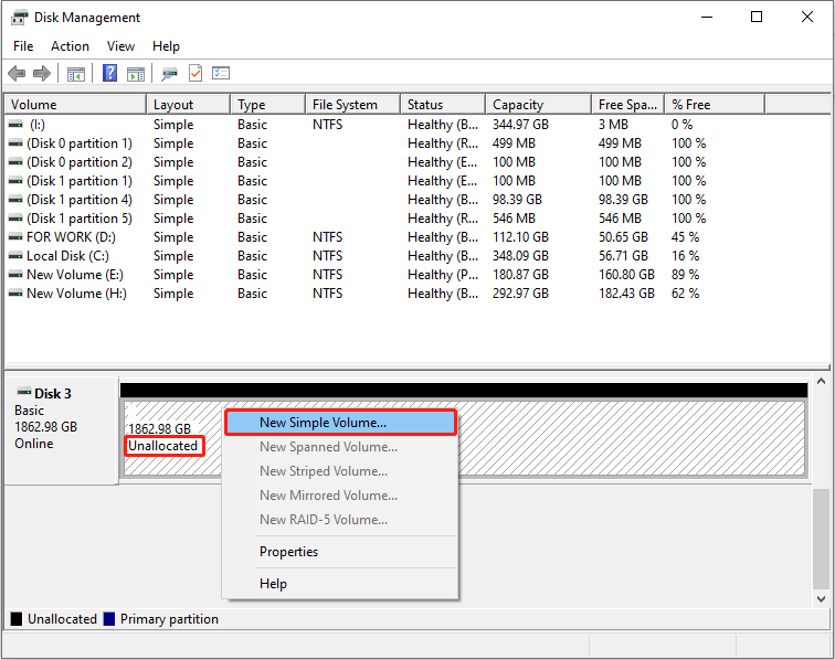 Disk Management interface with a disk showing as Unallocated and the New Simple Volume option selected.