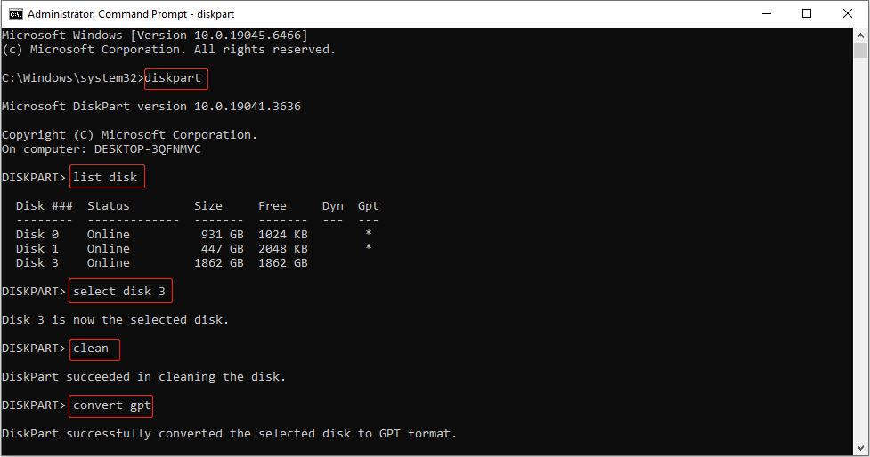 Command Prompt interface showing the process of running the DiskPart command to initialize the disk.