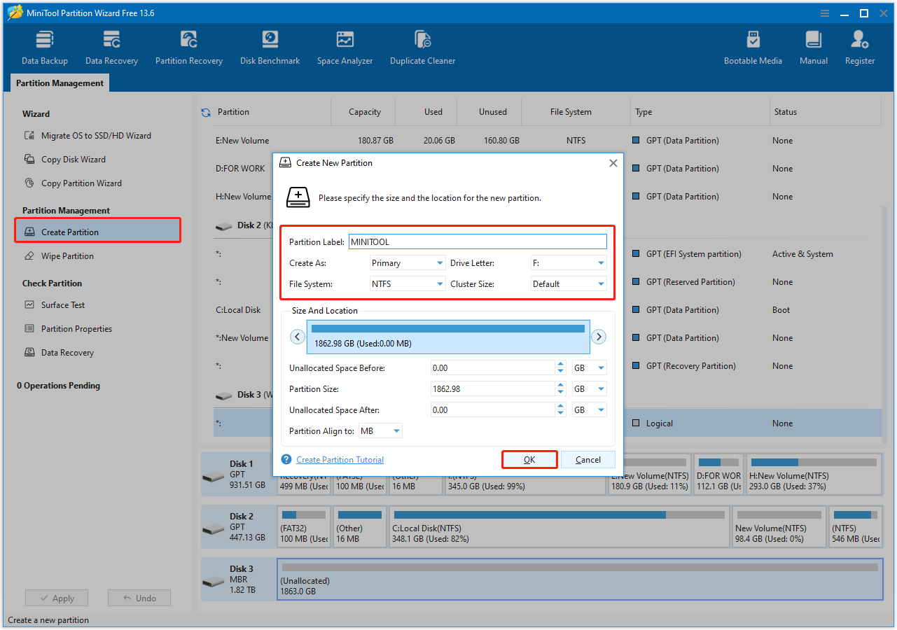 MiniTool Partition Wizard interface with the Create Partition option selected to set label, file system, and drive letter.