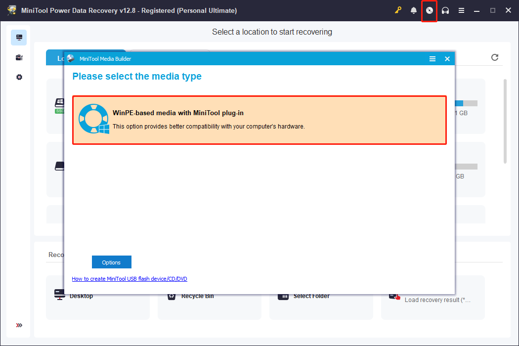 MiniTool Power Data Recovery interface with the Bootable Media Builder icon selected, showing a media type selection window.