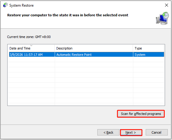 System Restore interface with the Scan for affected programs option and the Next button selected.