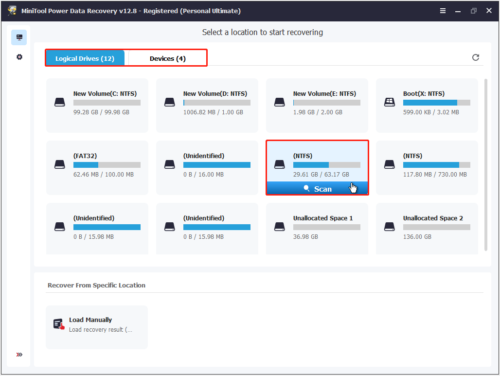 MiniTool Power Data Recovery interface with the Logical Drives and Devices options and the Scan button selected.