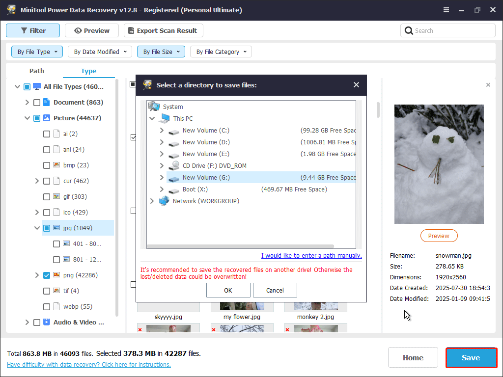 MiniTool Power Data Recovery interface with the Save button selected, showing a list of file storage paths.