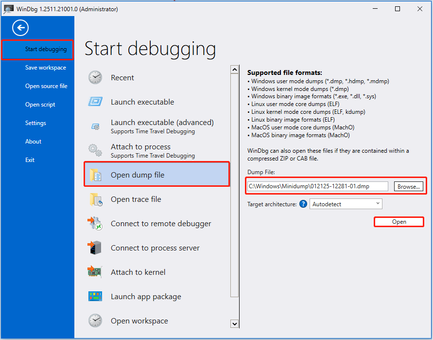 WinDbg interface with the Start debugging and Open dump file options selected, showing the dump file selection window.