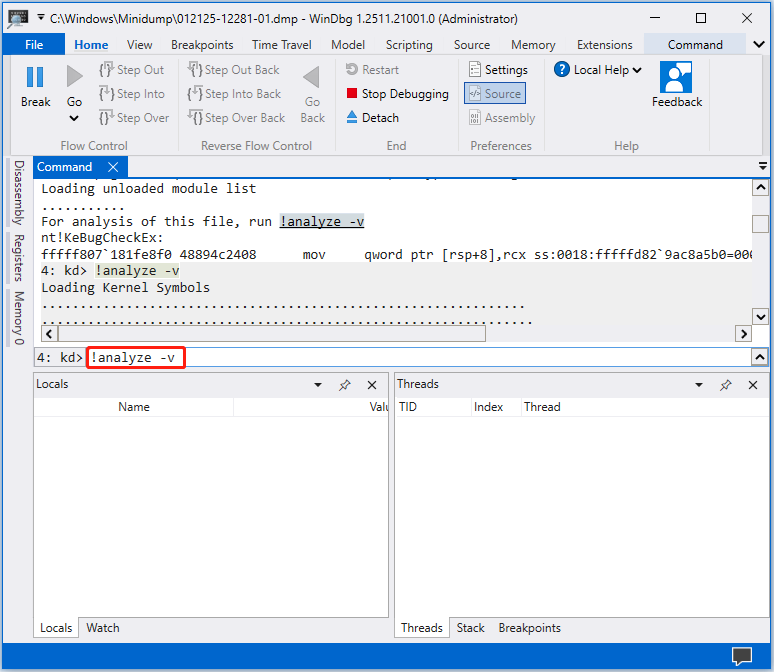 WinDbg interface with the command entered to analyze the crash dump file.