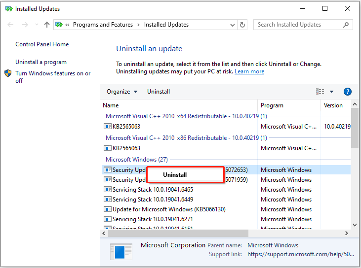 Installed Updates window with the Uninstall button selected for an update.