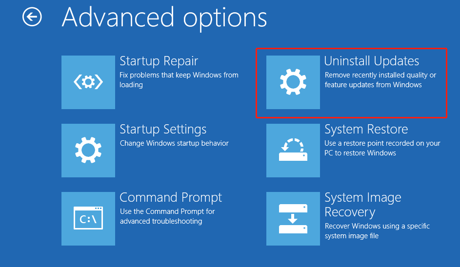 Advanced options window with the Uninstall Updates option highlighted.