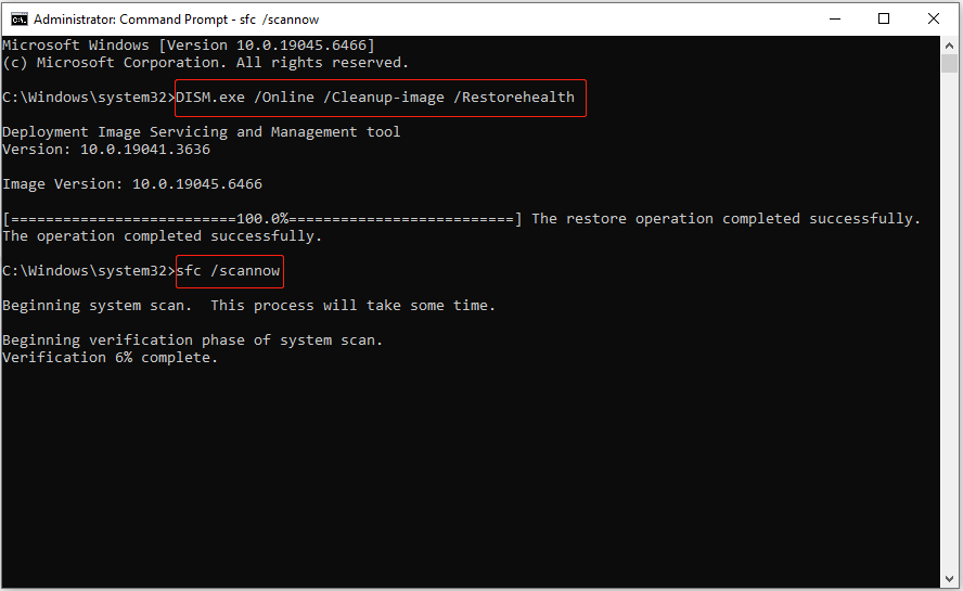 Command Prompt interface with the DISM and SFC commands running to repair system files.