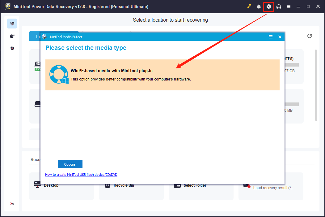 MiniTool Power Data Recovery interface showing the MiniTool Media Builder window, with the disc icon selected.
