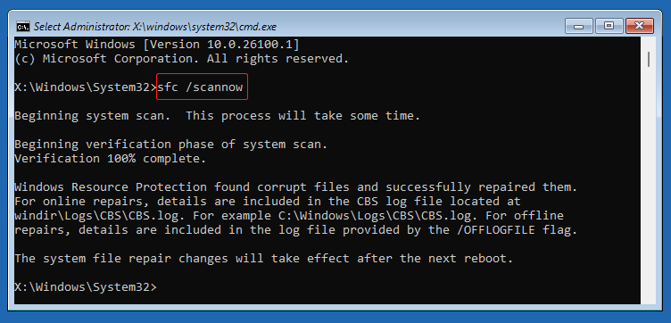 The Command Prompt interface displaying the SFC command to repair system files.