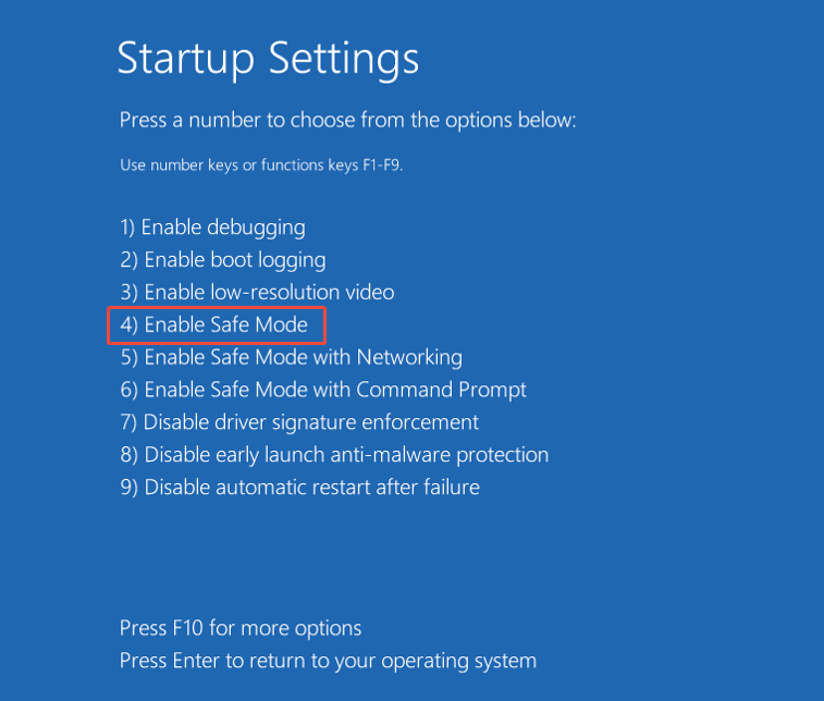 The Startup Settings window showing the startup options, with Enable Safe Mode highlighted.