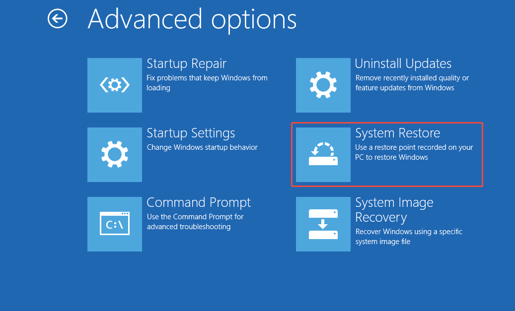 The WinRE interface showing the advanced options, with the System Restore option highlighted.