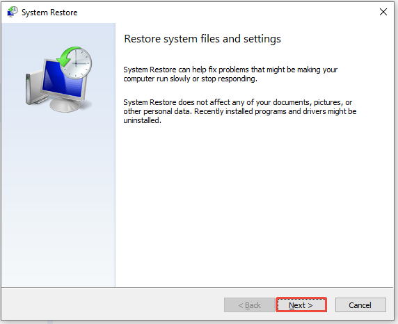 The System Restore interface showing the detailed information for this tool, with Next selected.