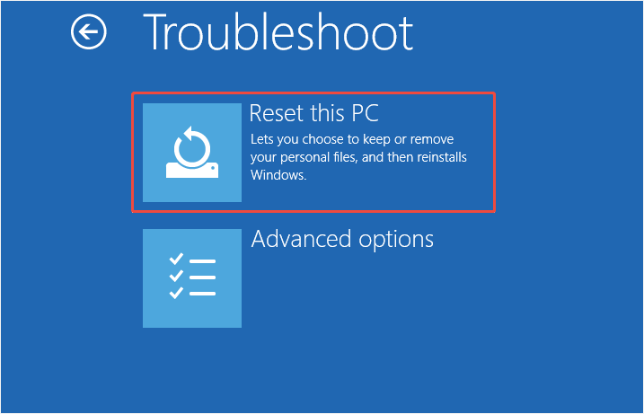 The WinRE interface showing the Troubleshoot section, with the Reset this PC option highlighted.