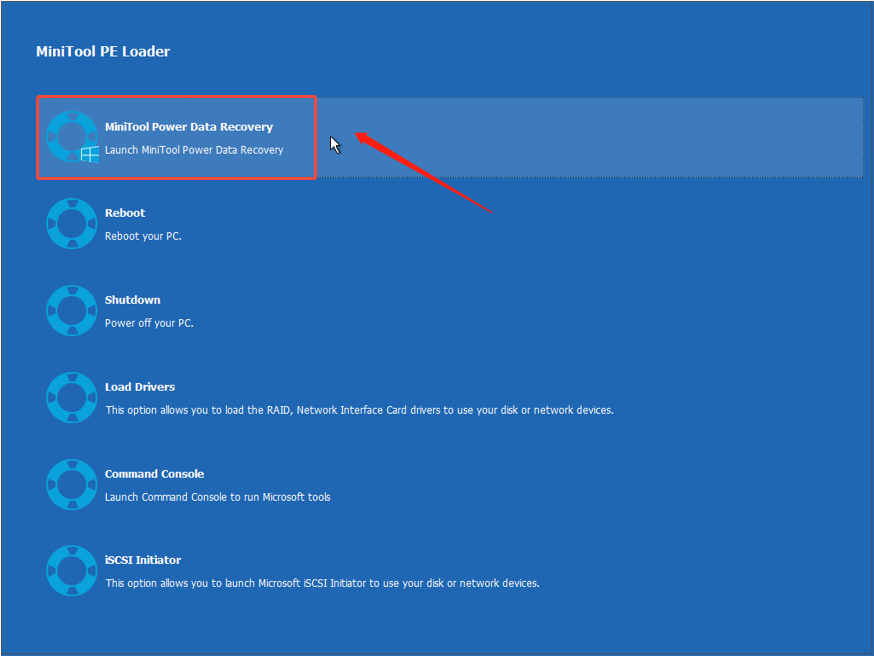 The MiniTool PE Load interface showing the MiniTool WinPE environment, with MiniTool Power Data Recovery selected.