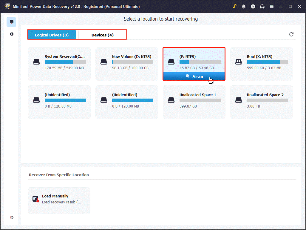 MiniTool Power Data Recovery interface showing the target partition, with the scan modules and Scan selected.