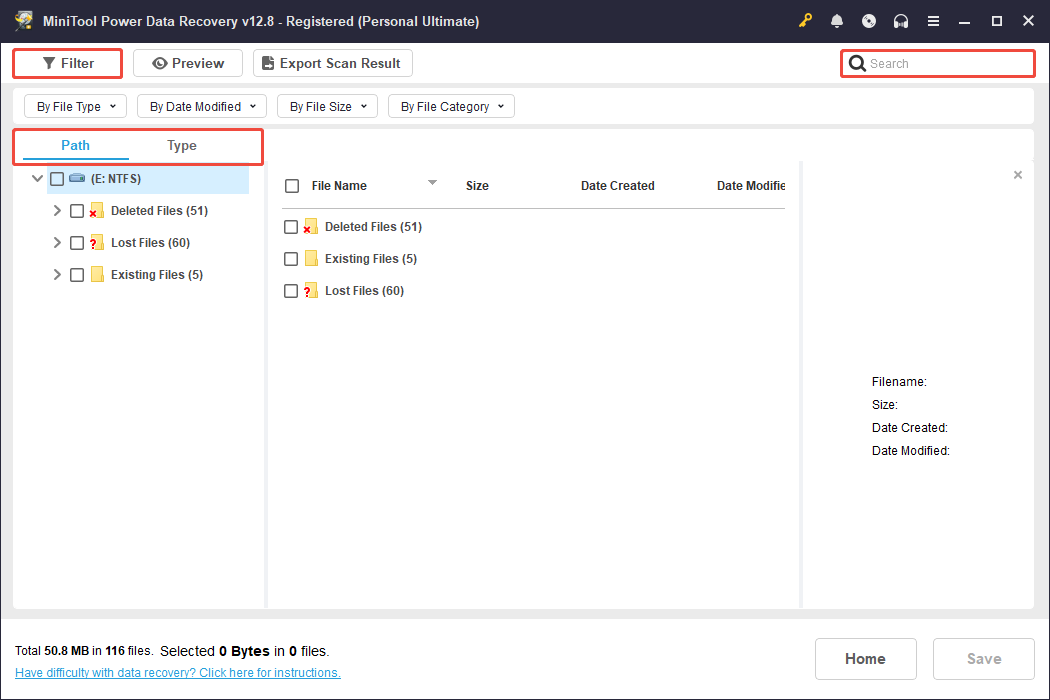 MiniTool Power Data Recovery window showing the folders, with Filter, Path, Type, and Search selected.