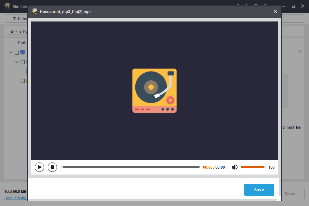 The preview window in MiniTool Power Data Recovery showing a phonograph icon and an MP3 file for file verification.