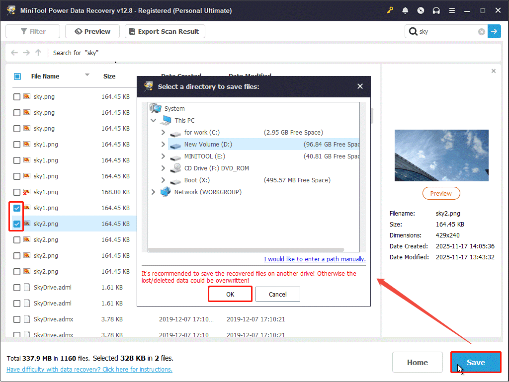 MiniTool Power Data Recovery interface showing the save directory, with checked files, Save, and OK selected.