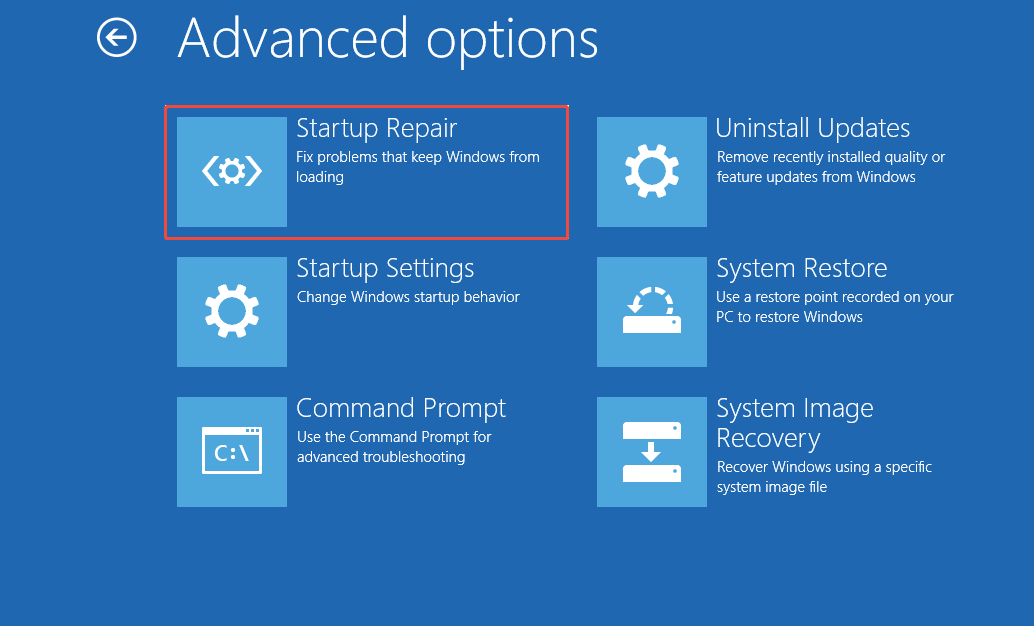 The Advanced options interface showing the advanced features, with the Startup Repair tool highlighted.
