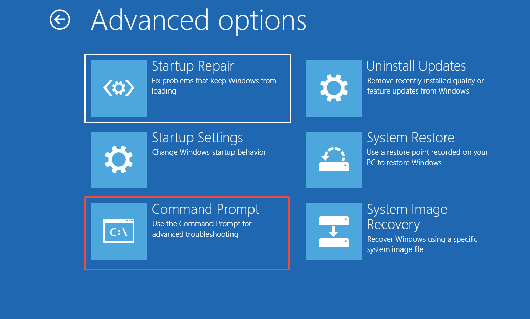 The WinRE interface showing the advanced options, with the Command Prompt option selected.