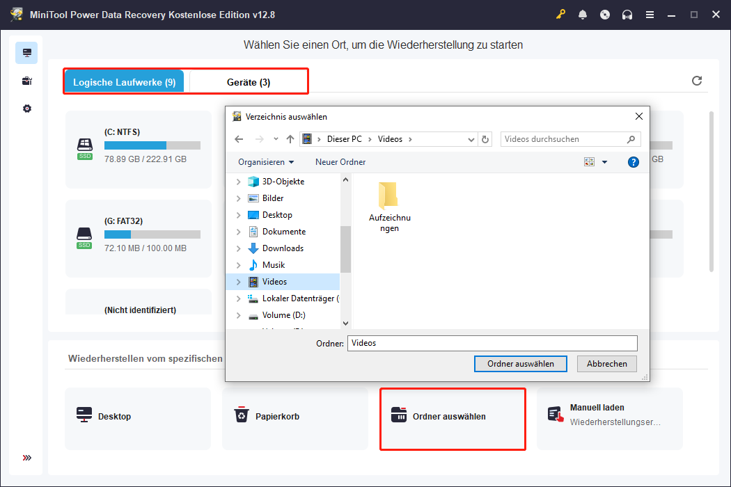 MiniTool Power Data Recovery-Oberfläche mit hervorgehobenen Optionen für Logische Laufwerke, Geräte und Ordner auswählen.