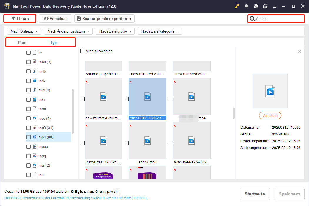 MiniTool Power Data Recovery-Oberfläche mit hervorgehobenen Funktionen Pfad, Typ, Filtern und Suchen.